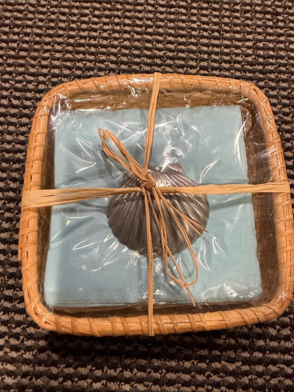Woven Gift Basket with Blue Napkins and Shell Accent weight
